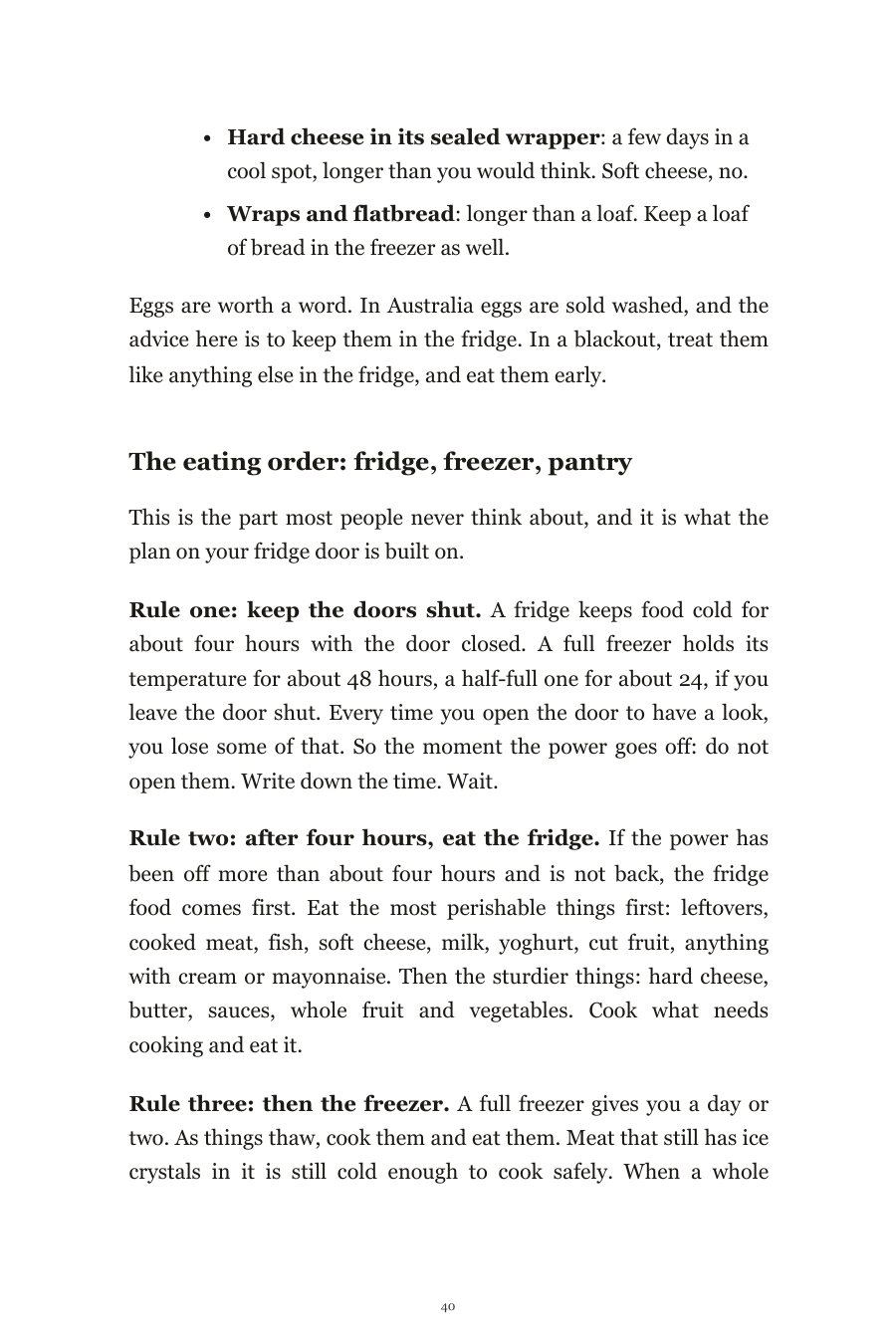 Book page: the eating order, fridge, freezer, pantry